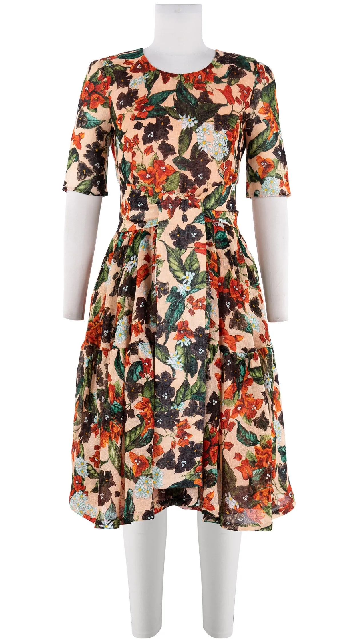 Rose Dress Crew Neck 1/2 Sleeve Linen (Barbados Flower Ground)