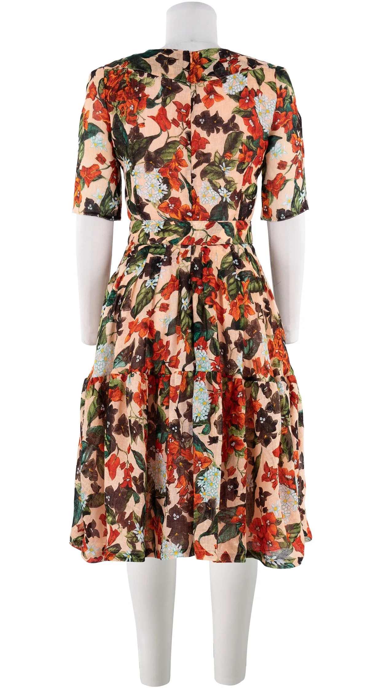 Rose Dress Crew Neck 1/2 Sleeve Linen (Barbados Flower Ground)