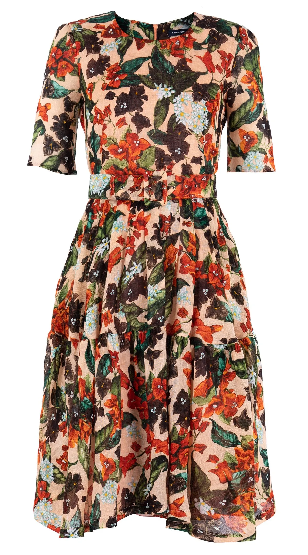 Rose Dress Crew Neck 1/2 Sleeve Linen (Barbados Flower Ground)