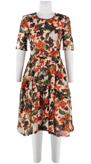 Rose Dress Crew Neck 1/2 Sleeve Linen (Barbados Flower Ground)