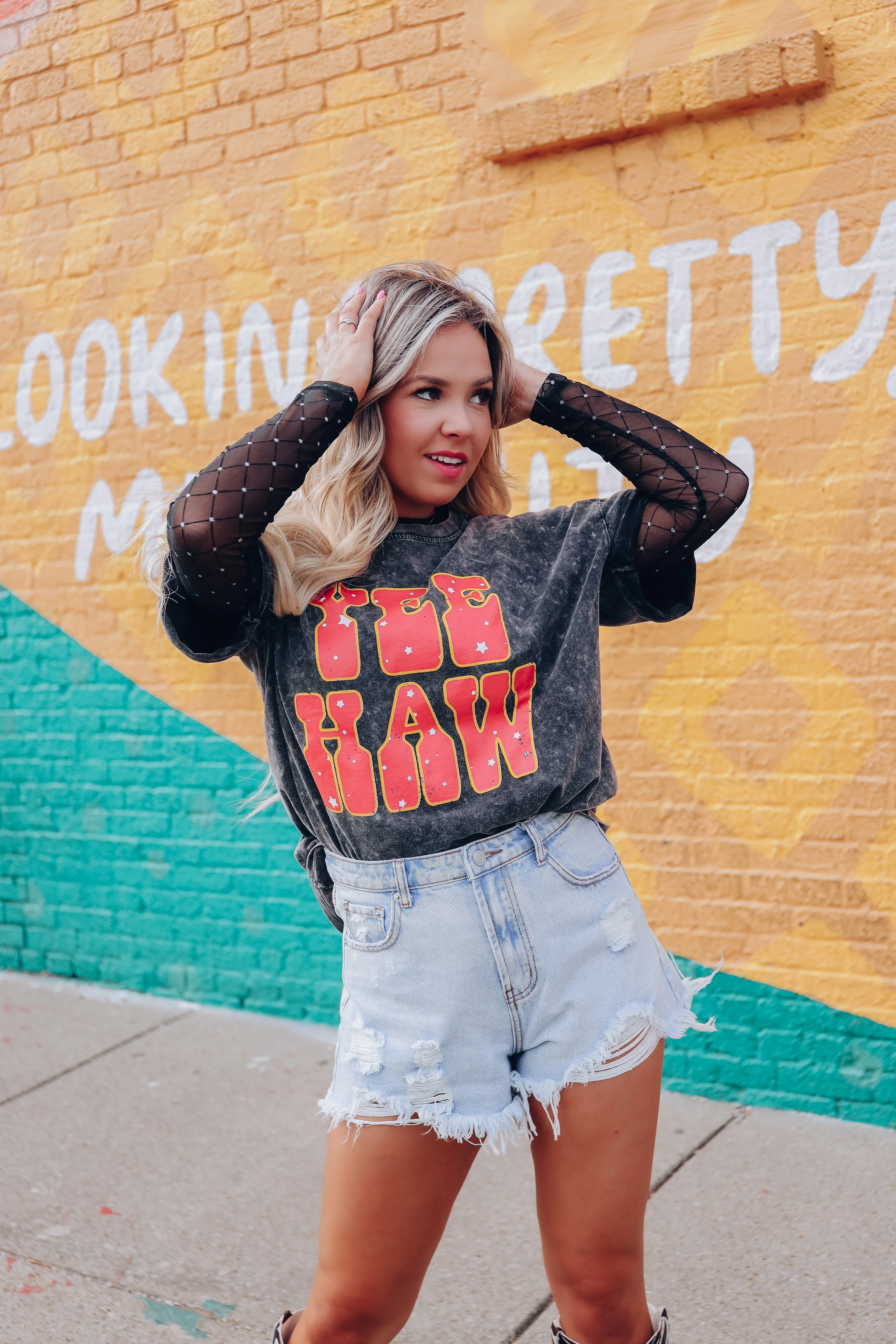 Say Yeehaw Acid Wash Graphic Tee - Black