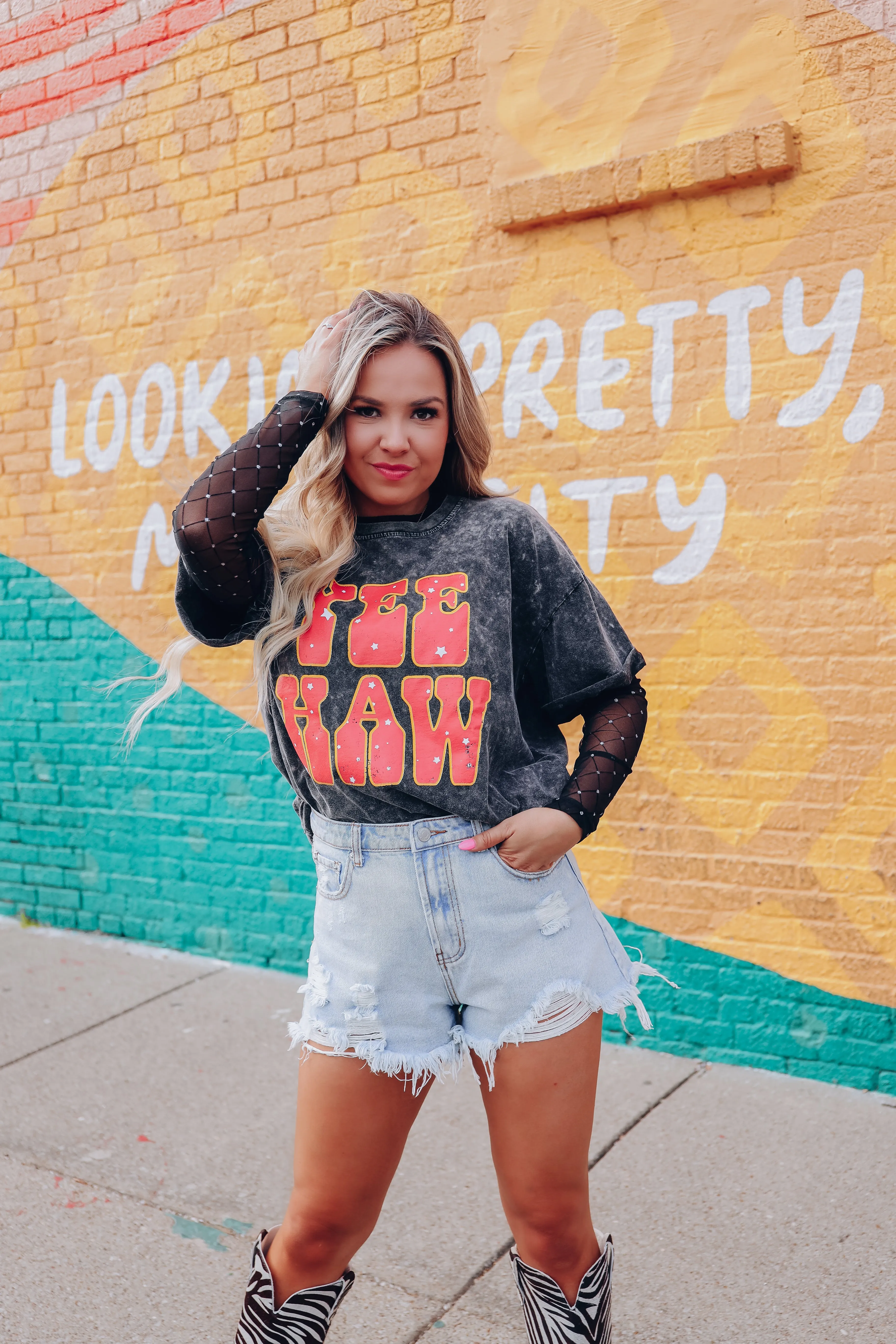 Say Yeehaw Acid Wash Graphic Tee - Black