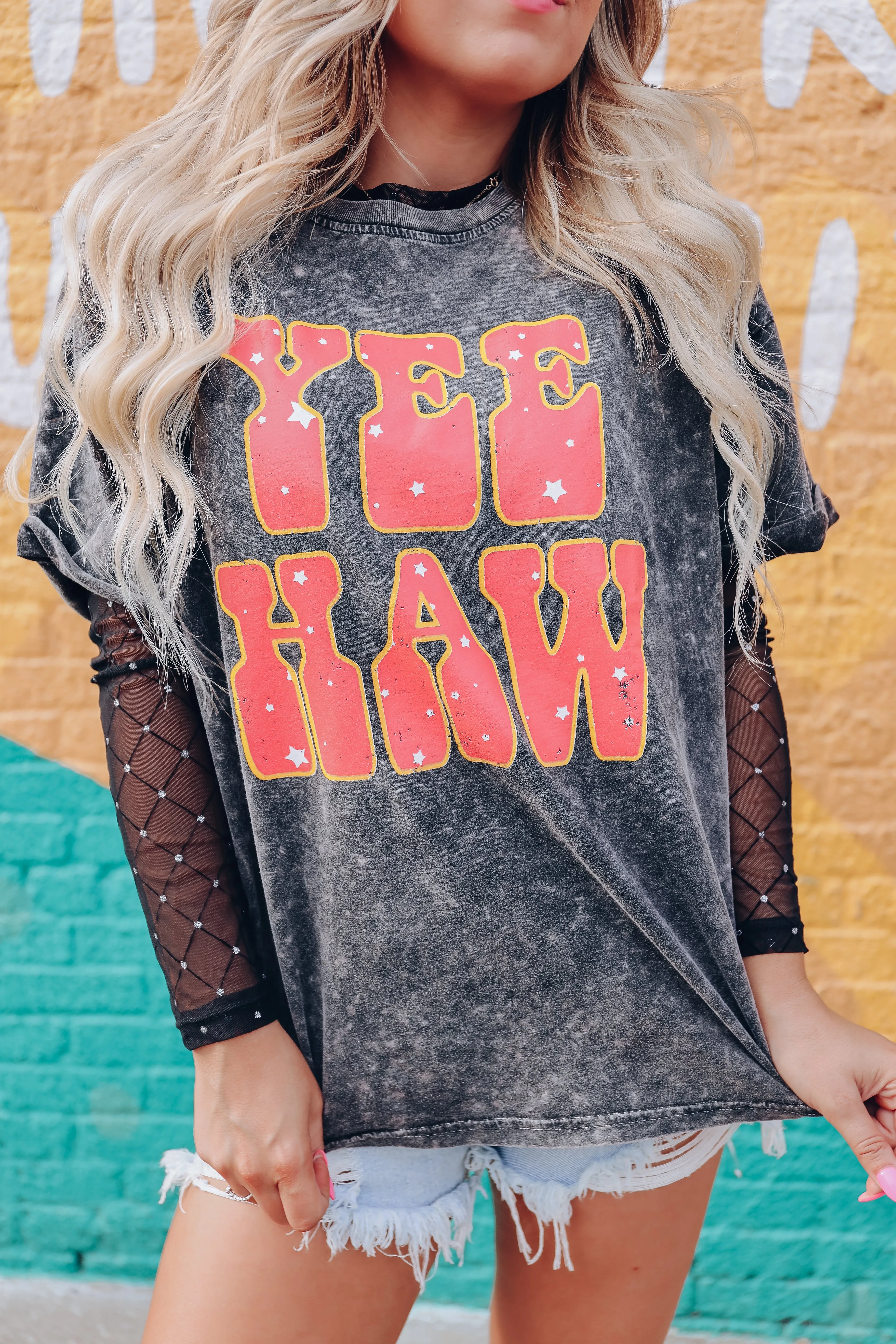 Say Yeehaw Acid Wash Graphic Tee - Black