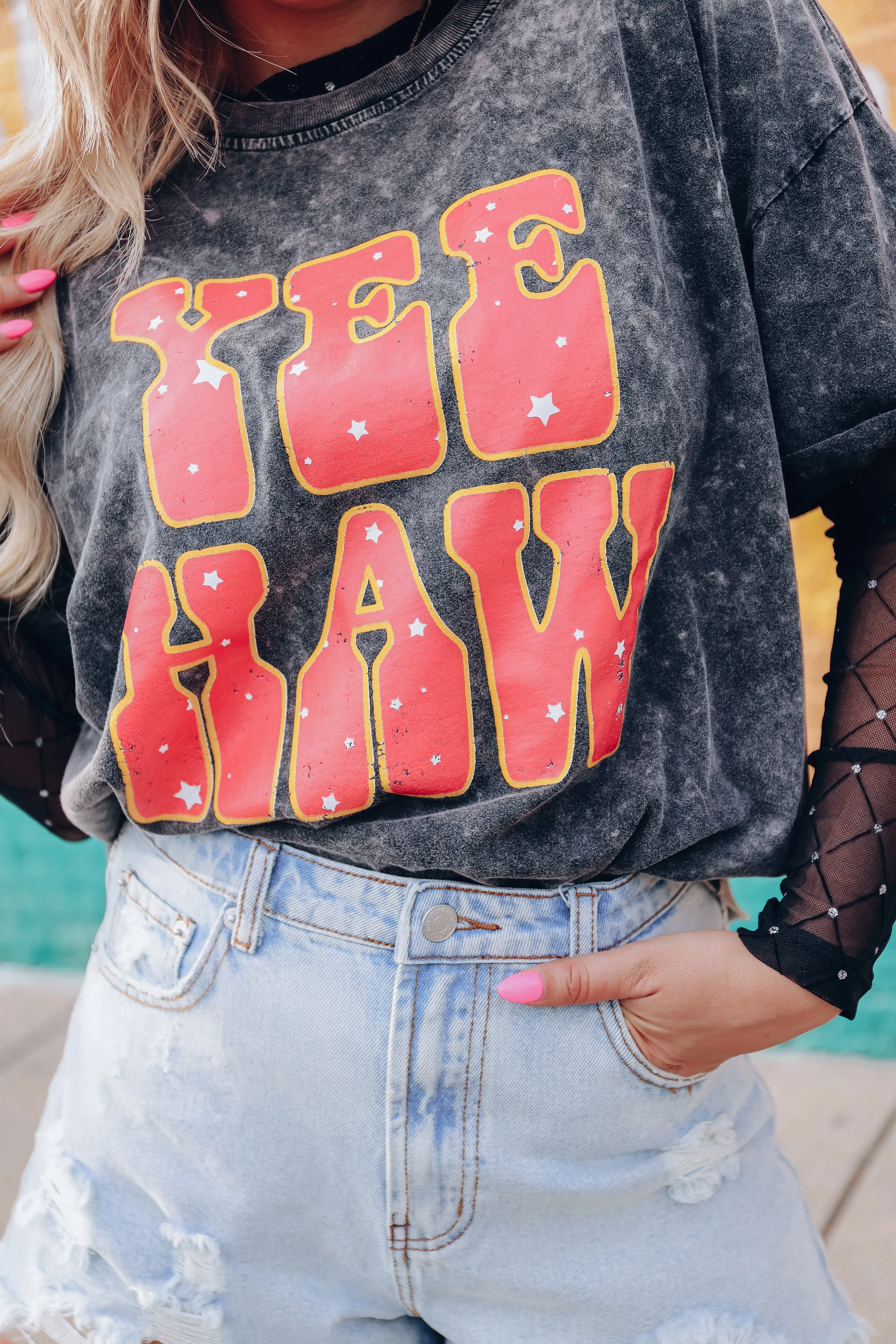 Say Yeehaw Acid Wash Graphic Tee - Black