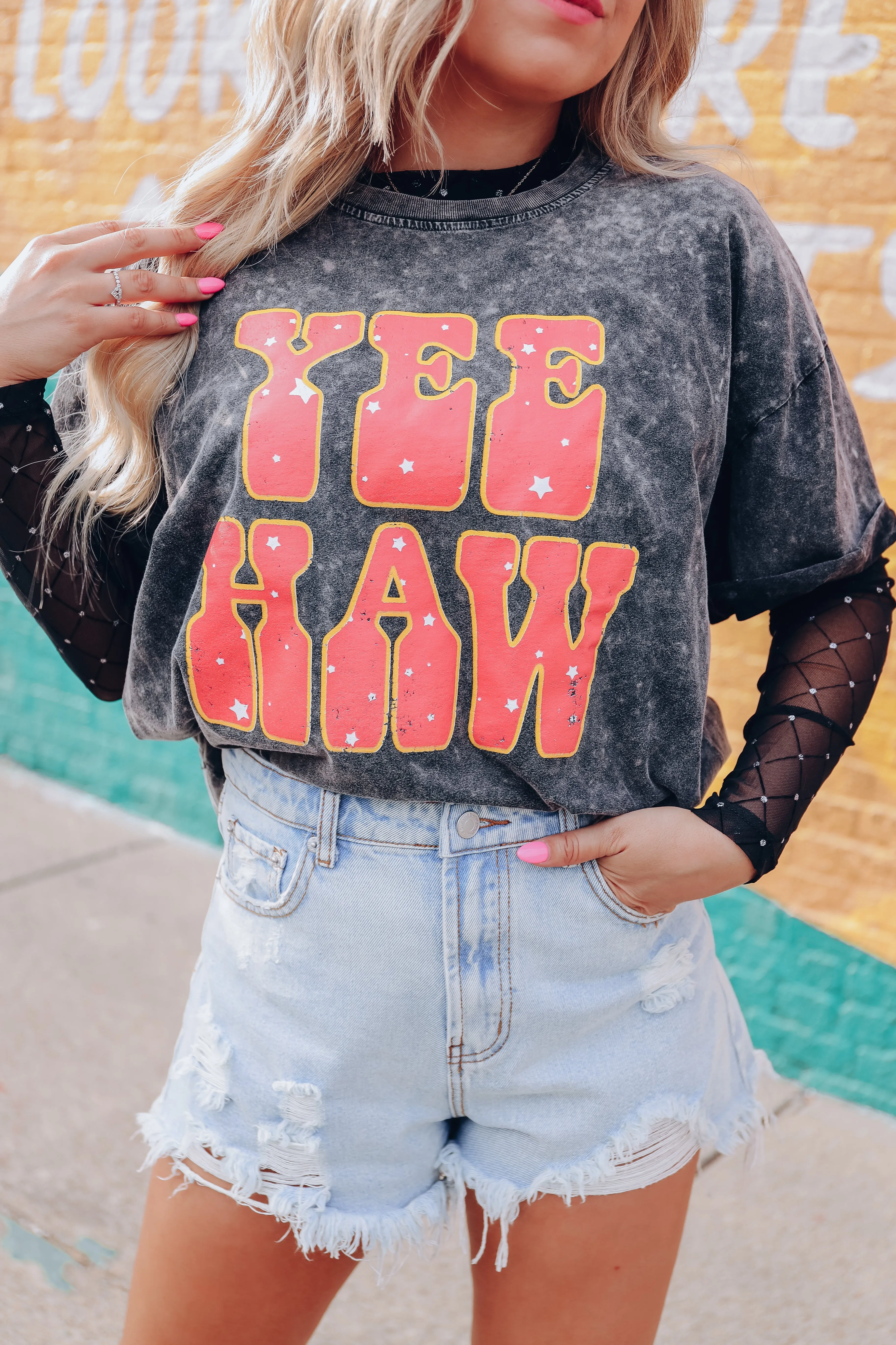 Say Yeehaw Acid Wash Graphic Tee - Black