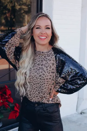 Sherrie Sequin Raglan Sleeve Top - Leopard