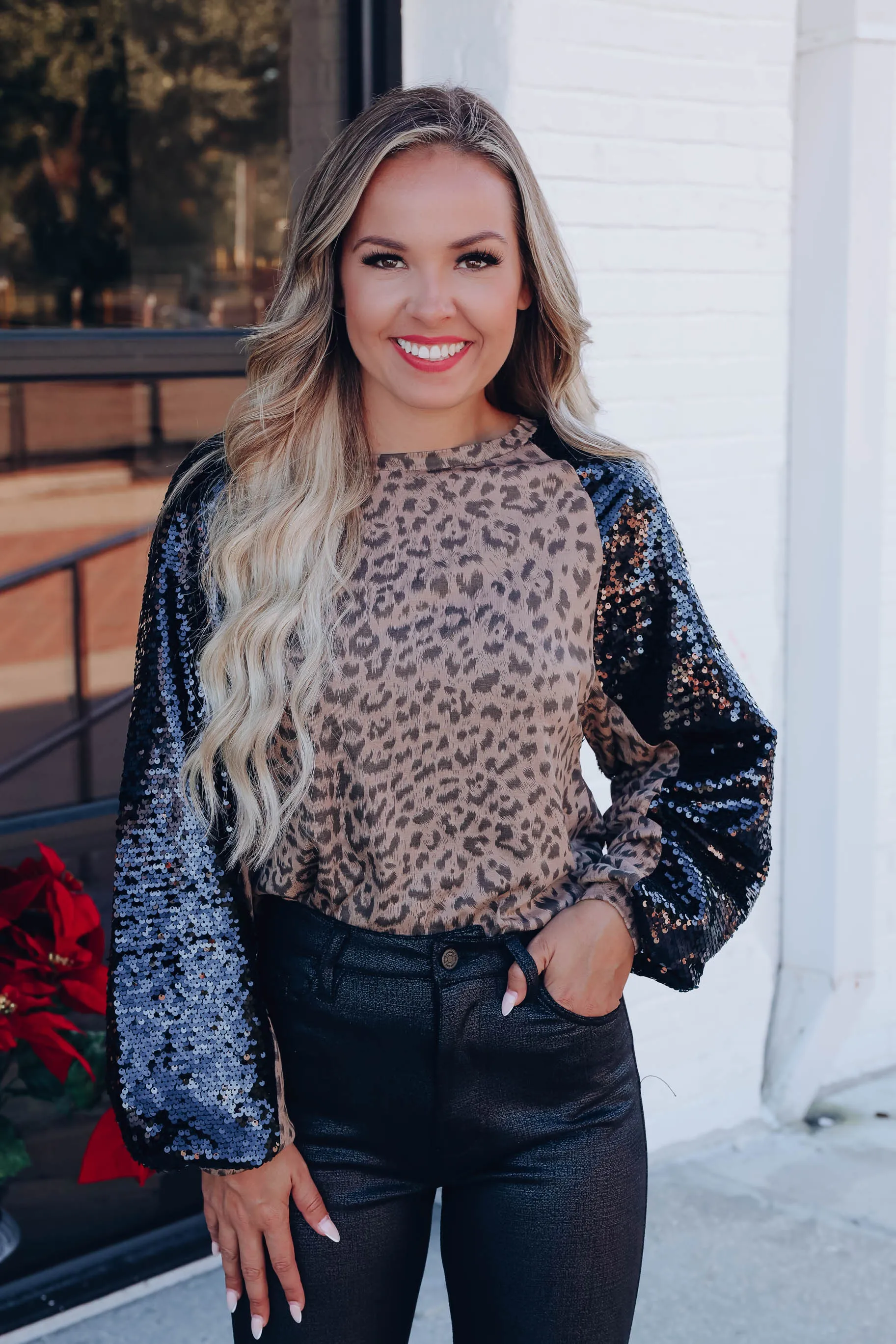 Sherrie Sequin Raglan Sleeve Top - Leopard