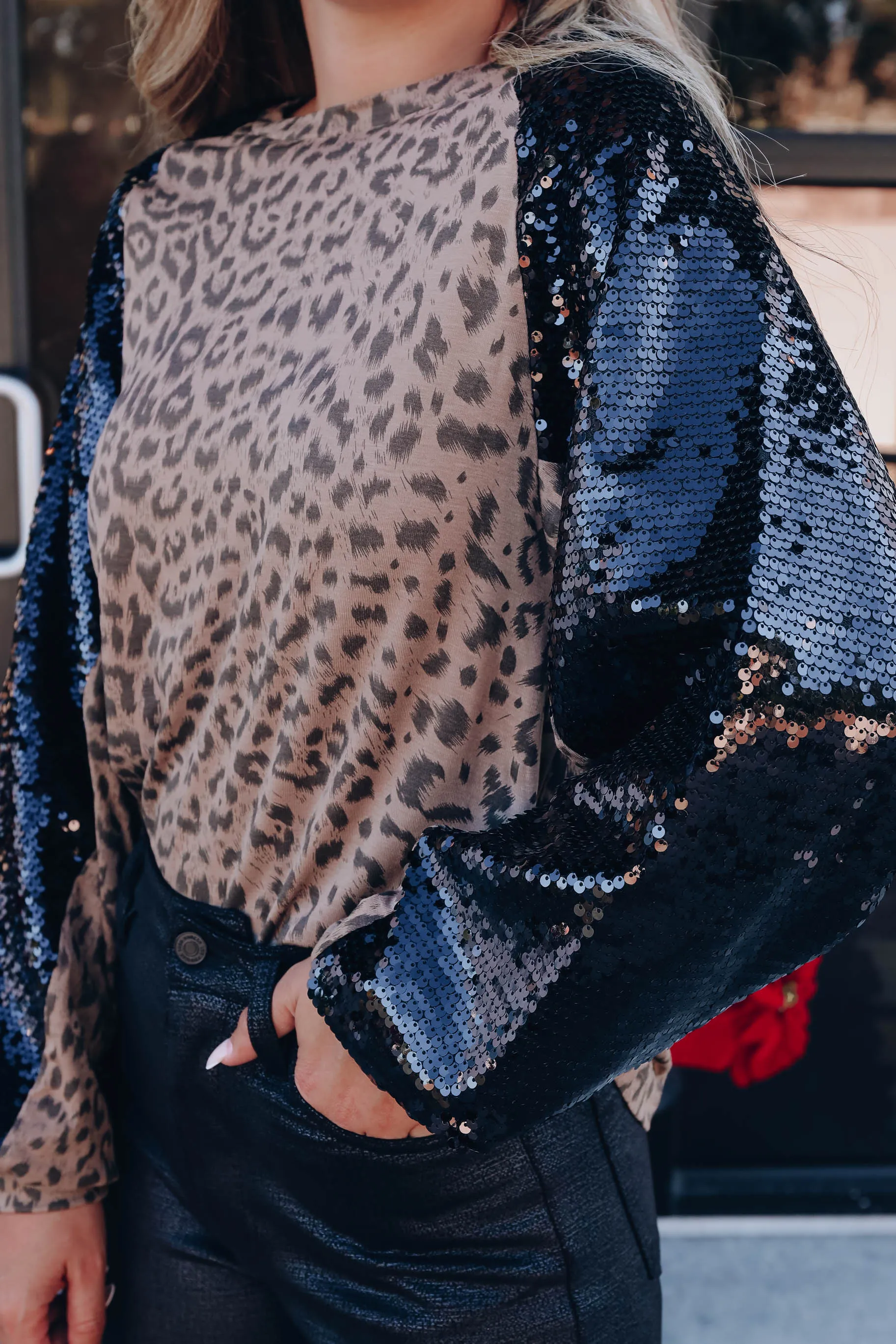 Sherrie Sequin Raglan Sleeve Top - Leopard