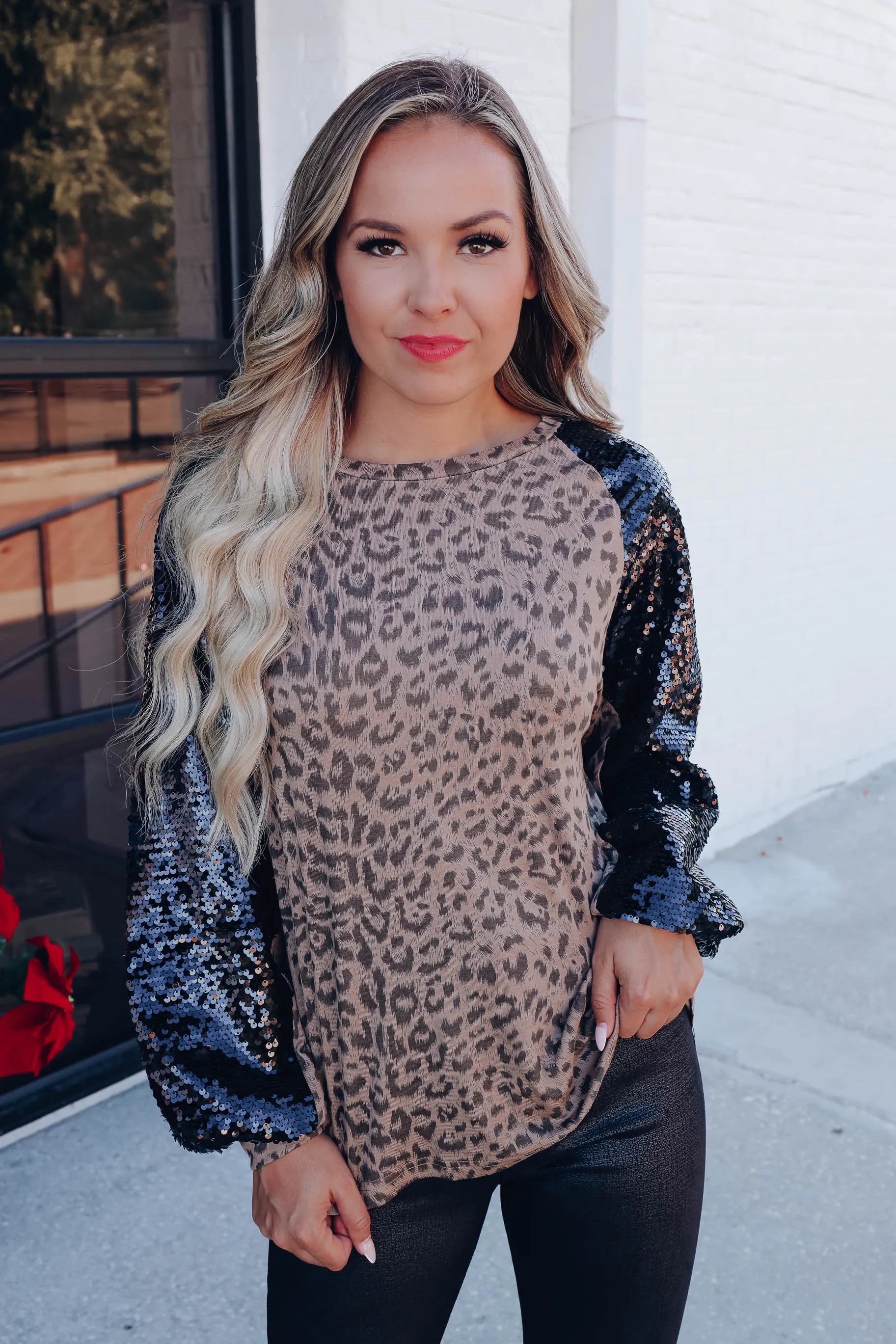 Sherrie Sequin Raglan Sleeve Top - Leopard