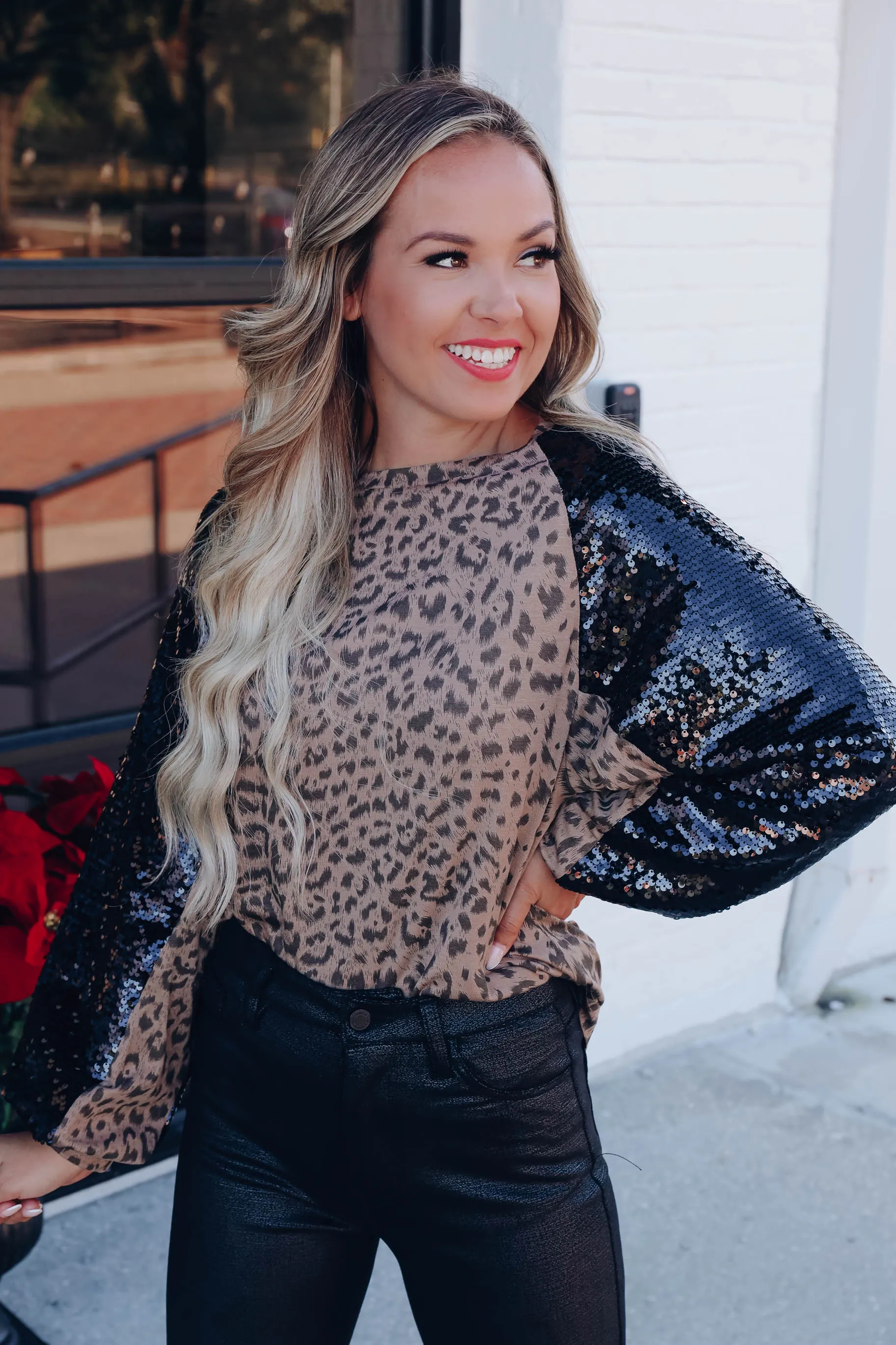 Sherrie Sequin Raglan Sleeve Top - Leopard