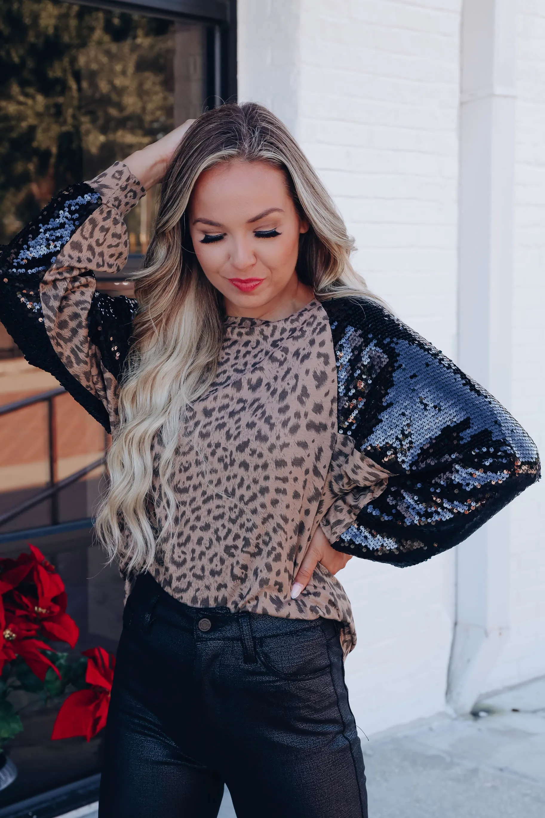 Sherrie Sequin Raglan Sleeve Top - Leopard