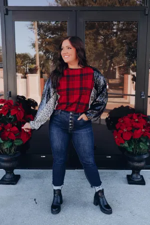 Sherrie Sequin Raglan Sleeve Top - Plaid