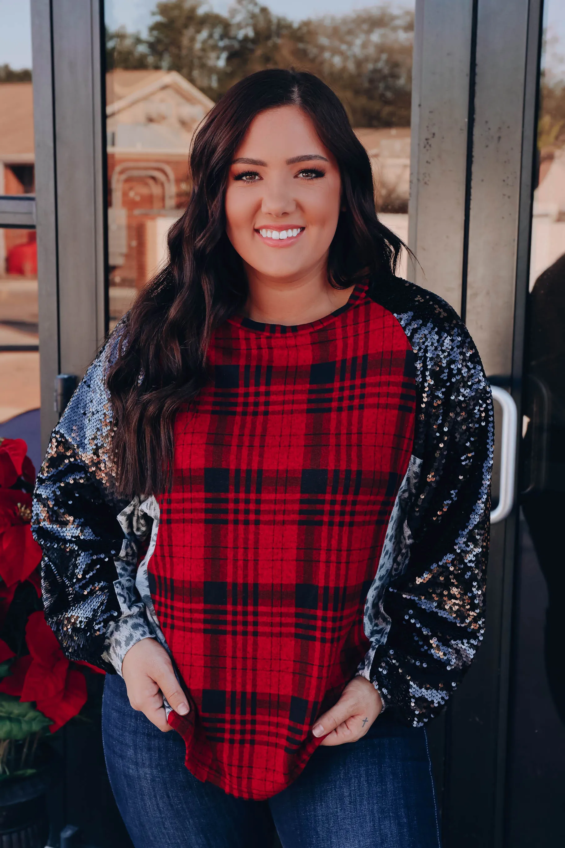 Sherrie Sequin Raglan Sleeve Top - Plaid