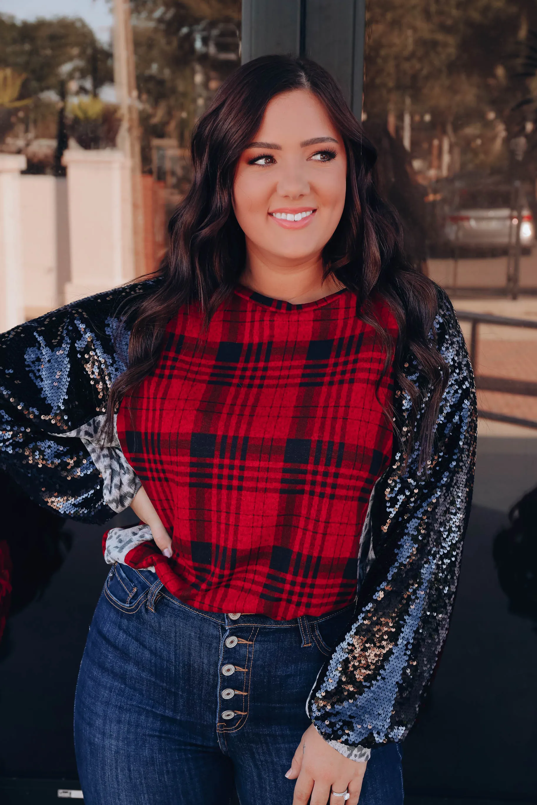 Sherrie Sequin Raglan Sleeve Top - Plaid