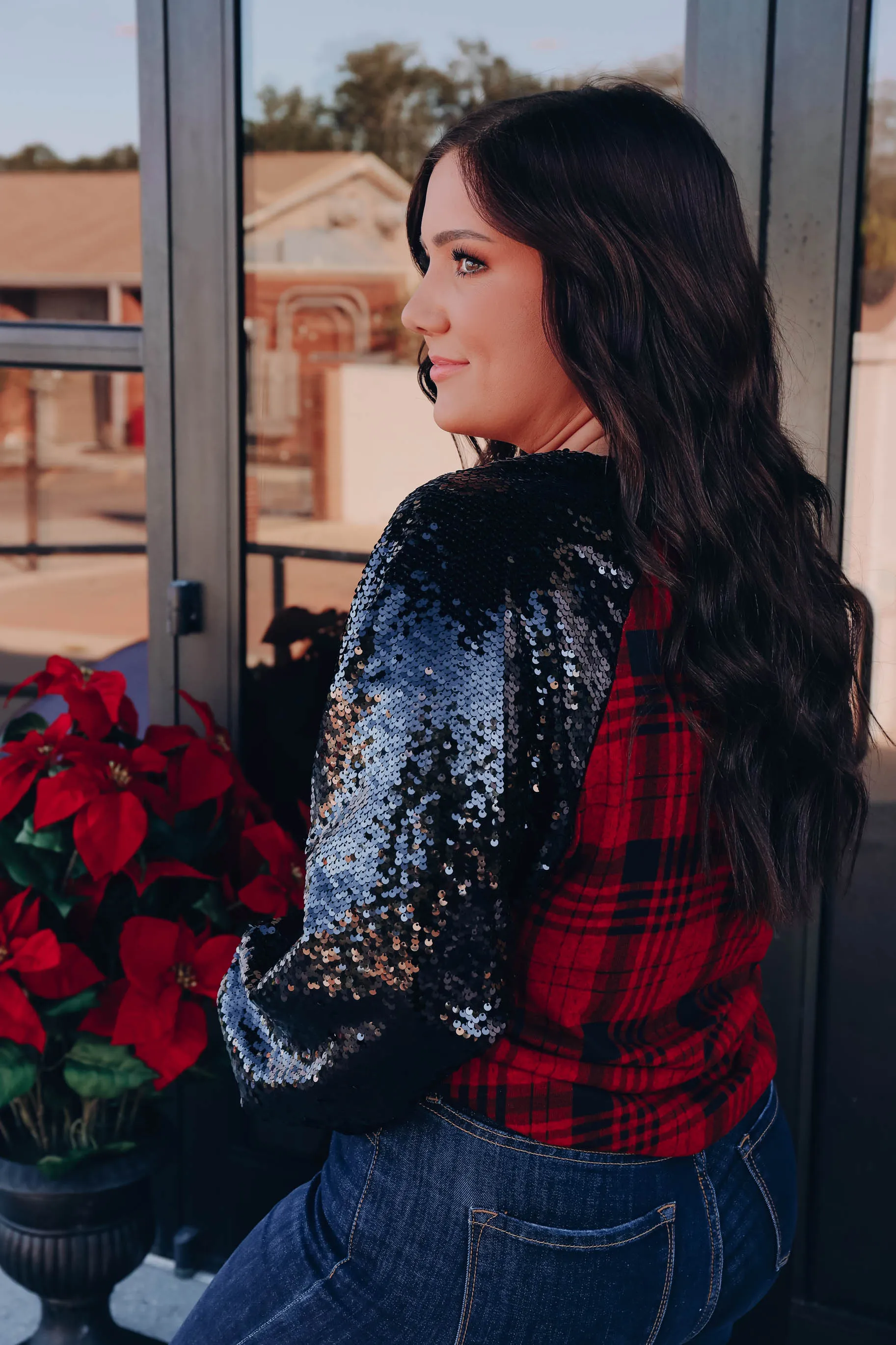 Sherrie Sequin Raglan Sleeve Top - Plaid