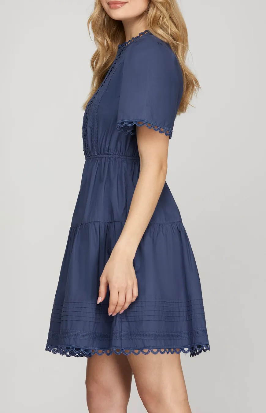 Short Sleeve Woven Tiered Mini Dress With Pintuck Lace Detail and Pockets