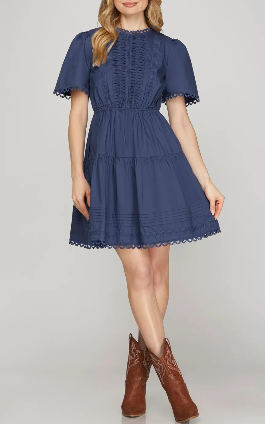 Short Sleeve Woven Tiered Mini Dress With Pintuck Lace Detail and Pockets