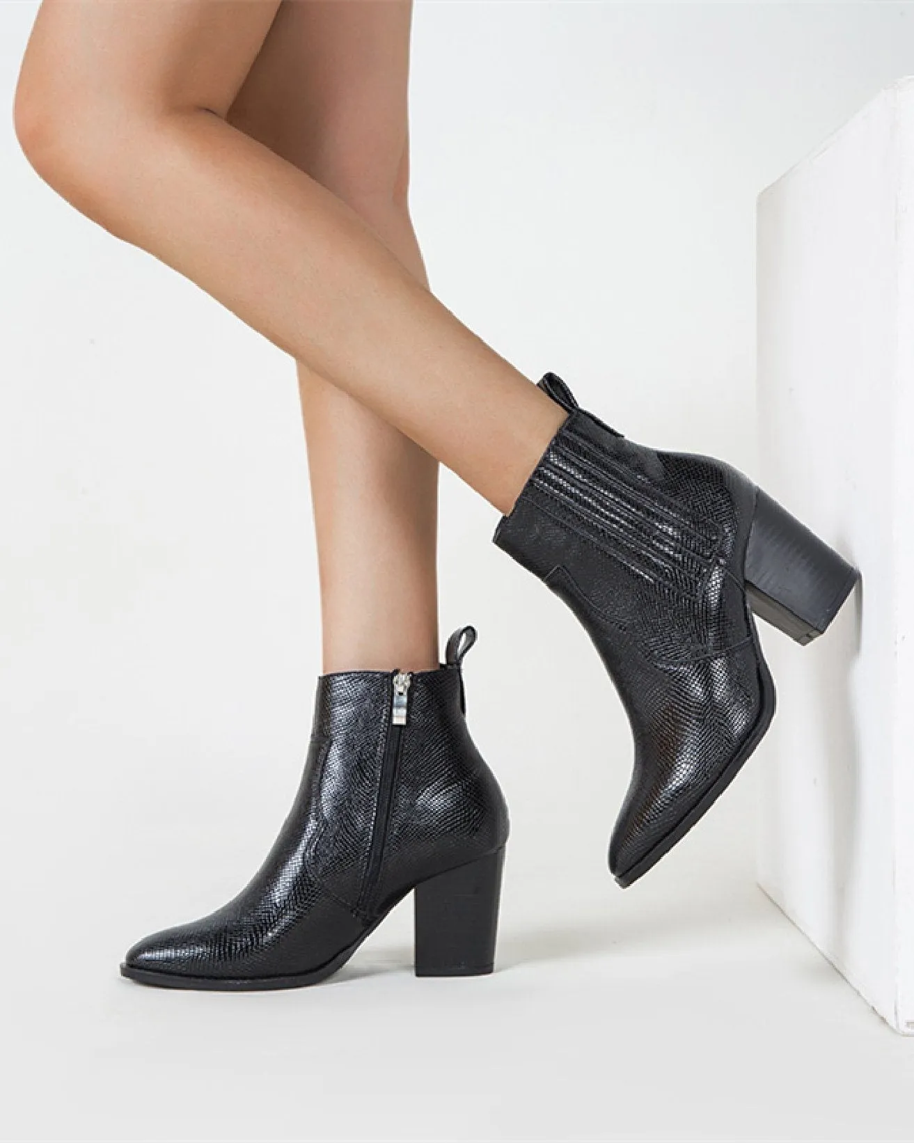 Snakeskin Print Ankle Boots - Black