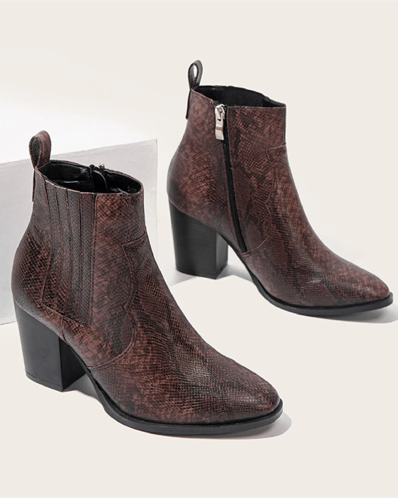 Snakeskin Print Ankle Boots - Brown