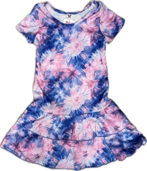 Social Butterfly-  Short Sleeve Ruffle Dress Tie Dye Blue/Pink