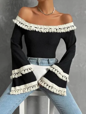 Stylish Flared Sleeves Lace-Up Tasseled Off-The-Shoulder T-Shirts Tops