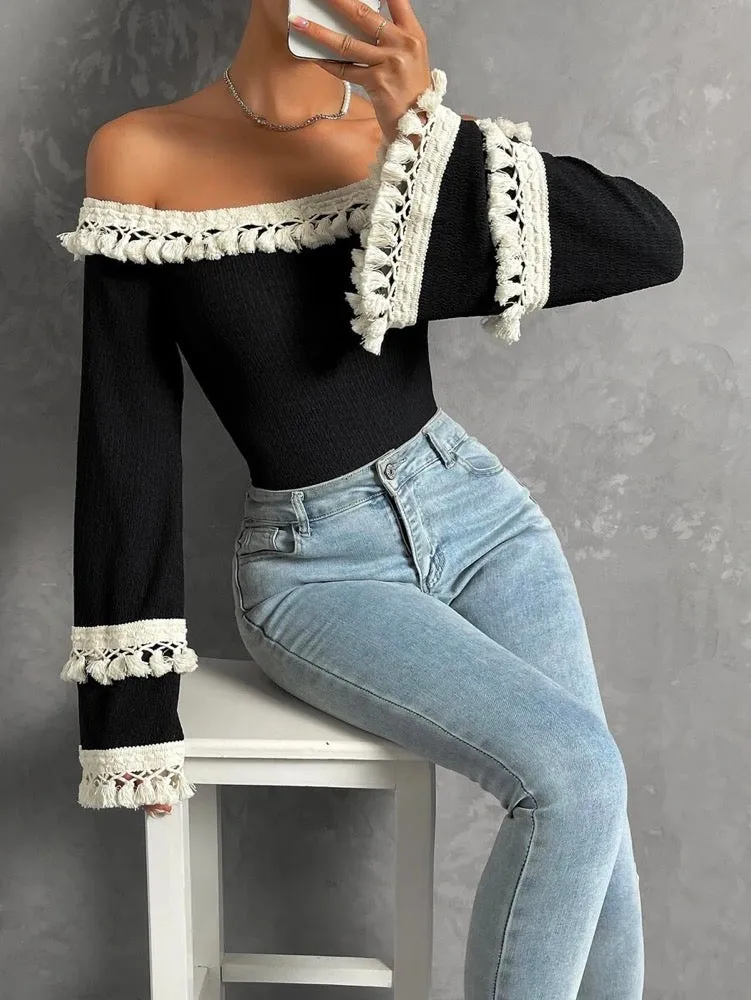 Stylish Flared Sleeves Lace-Up Tasseled Off-The-Shoulder T-Shirts Tops