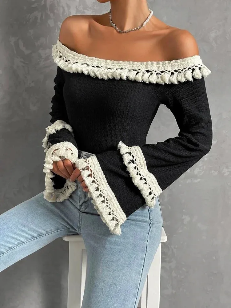 Stylish Flared Sleeves Lace-Up Tasseled Off-The-Shoulder T-Shirts Tops