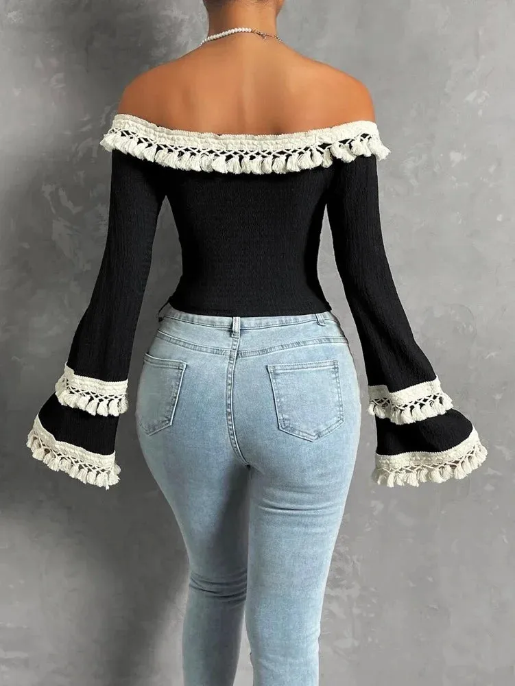 Stylish Flared Sleeves Lace-Up Tasseled Off-The-Shoulder T-Shirts Tops