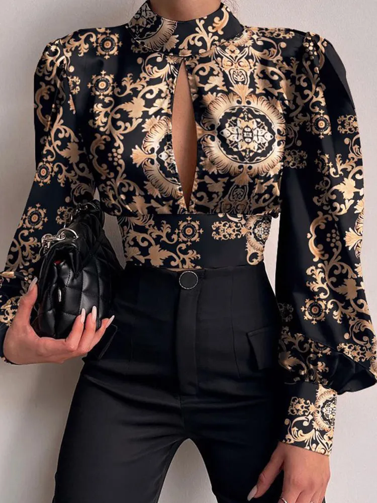 Stylish Retro Floral Printed Hollow Backless Round-Neck Blouses&Shirts Tops