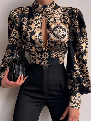 Stylish Retro Floral Printed Hollow Backless Round-Neck Blouses&Shirts Tops