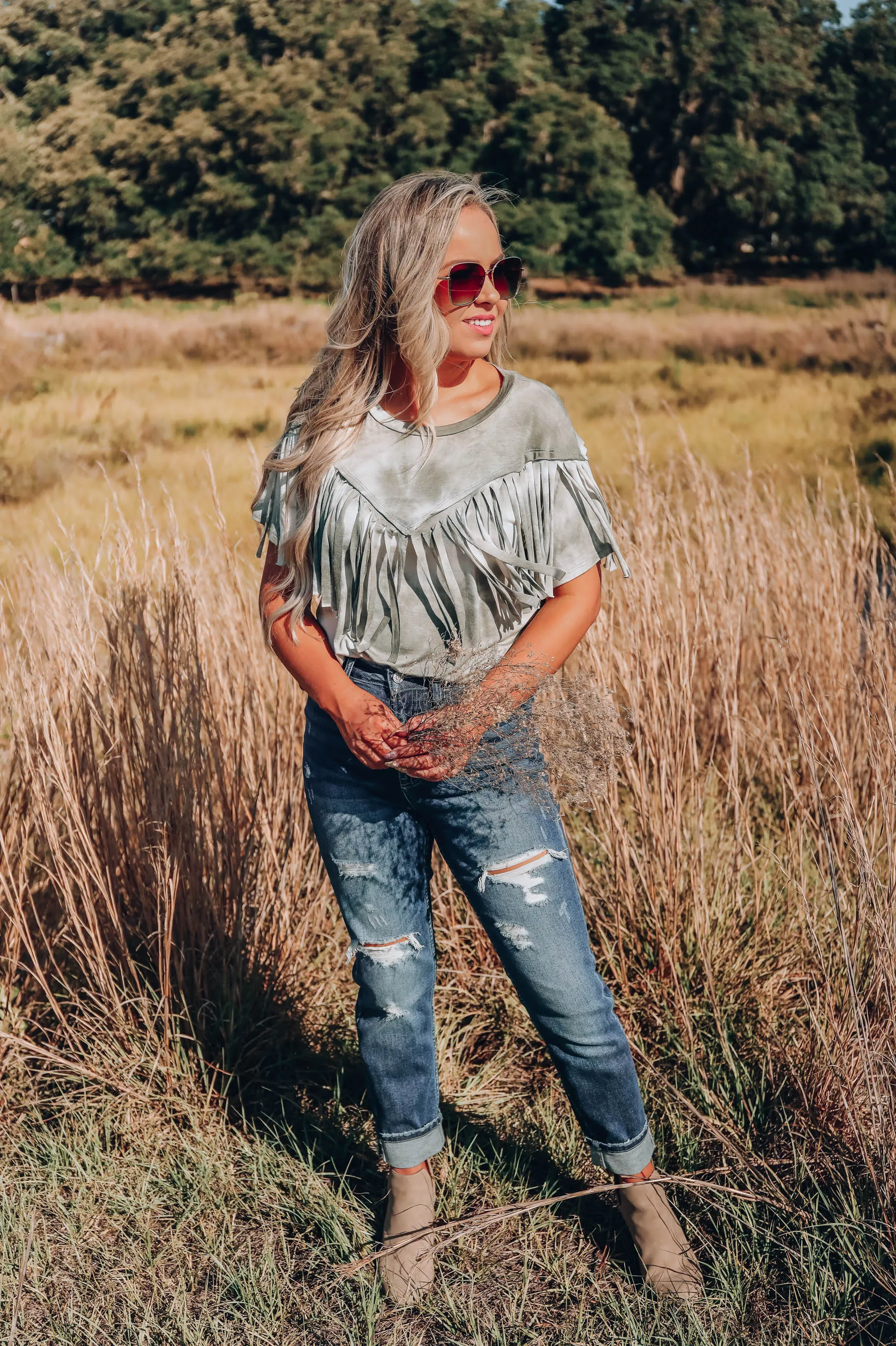 Trent Fringe Bleach Wash T-Shirt - Olive