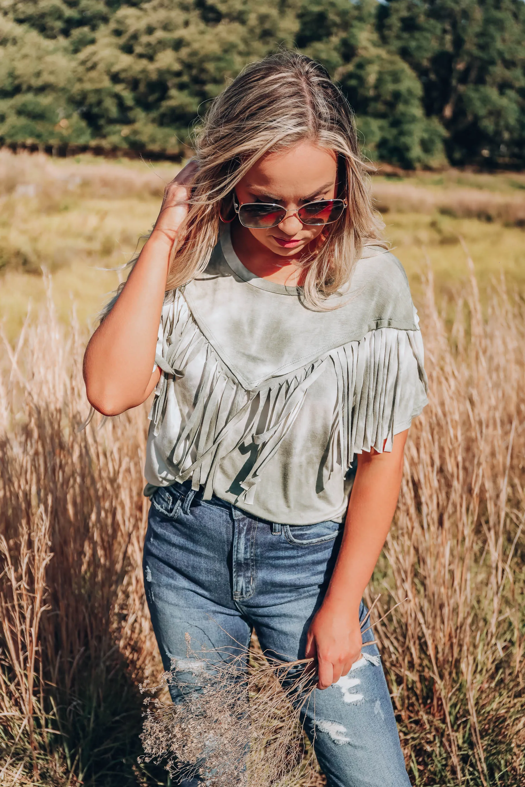 Trent Fringe Bleach Wash T-Shirt - Olive