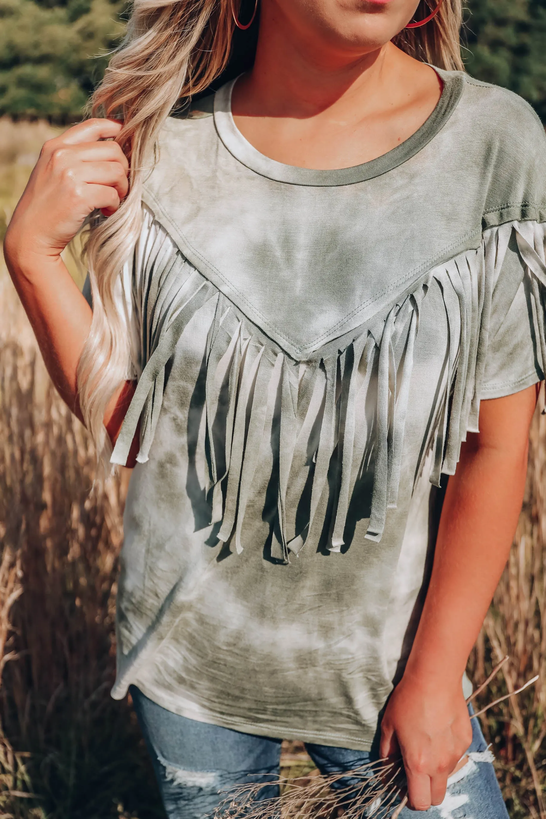 Trent Fringe Bleach Wash T-Shirt - Olive