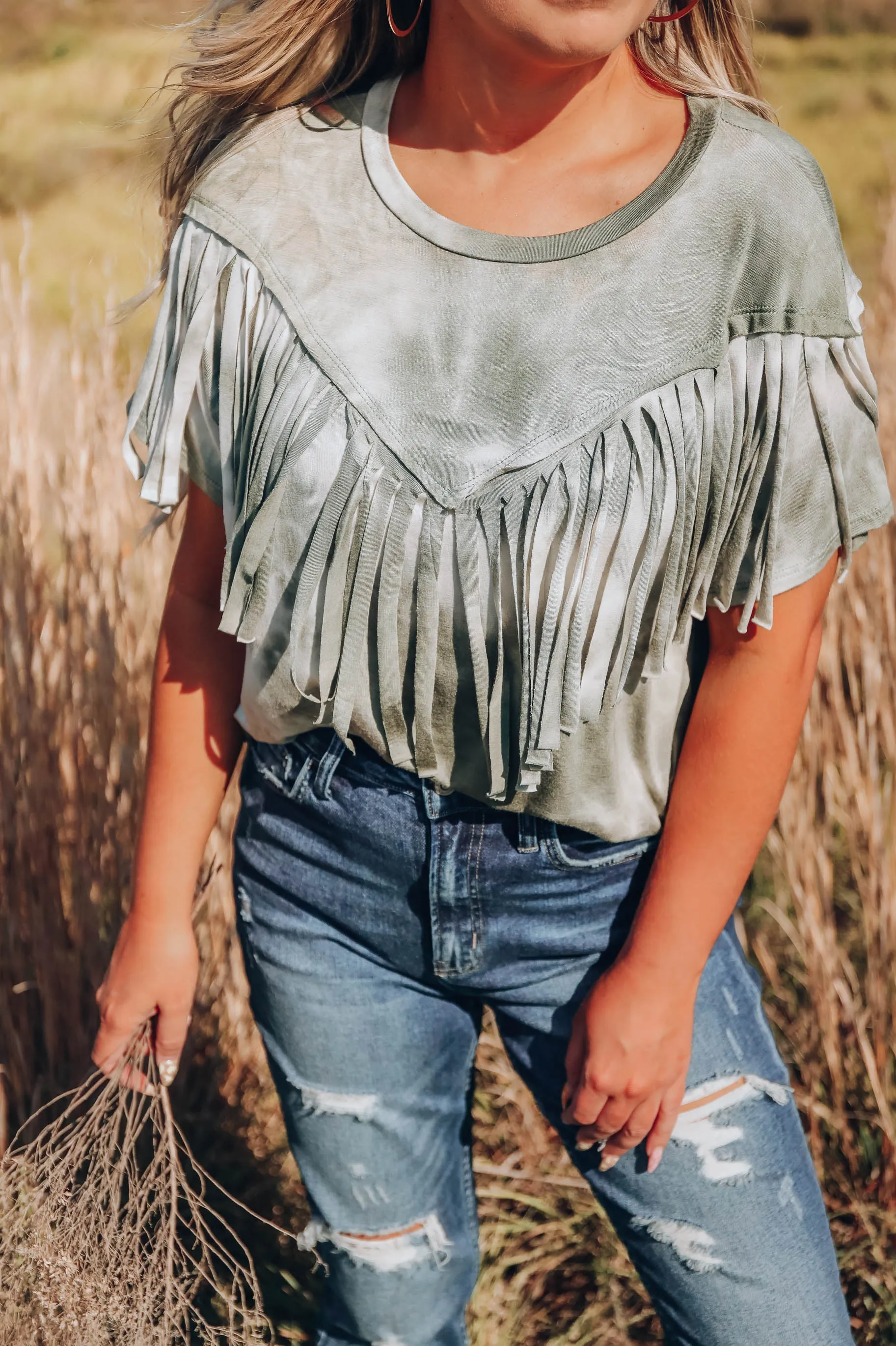 Trent Fringe Bleach Wash T-Shirt - Olive