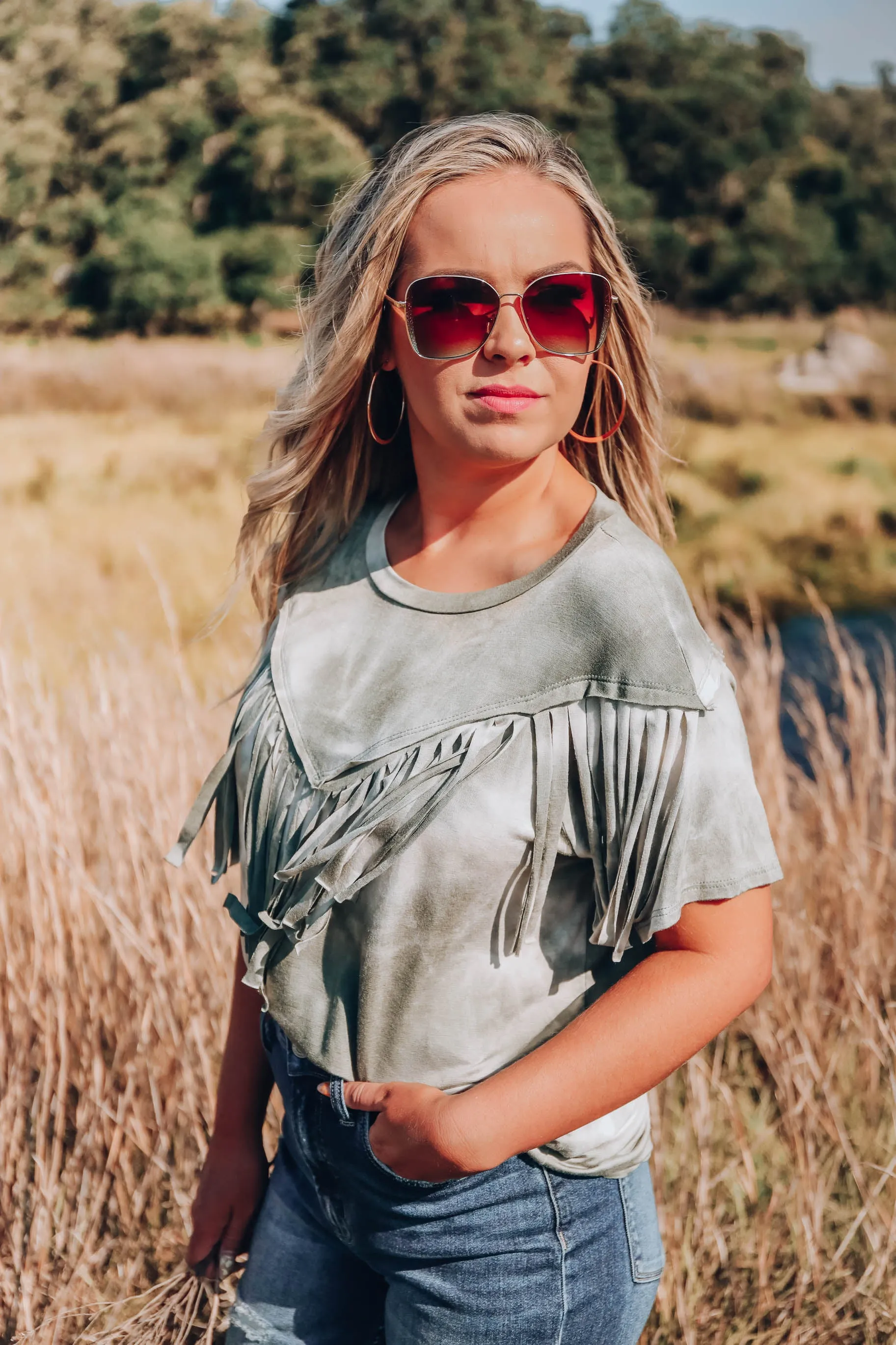 Trent Fringe Bleach Wash T-Shirt - Olive