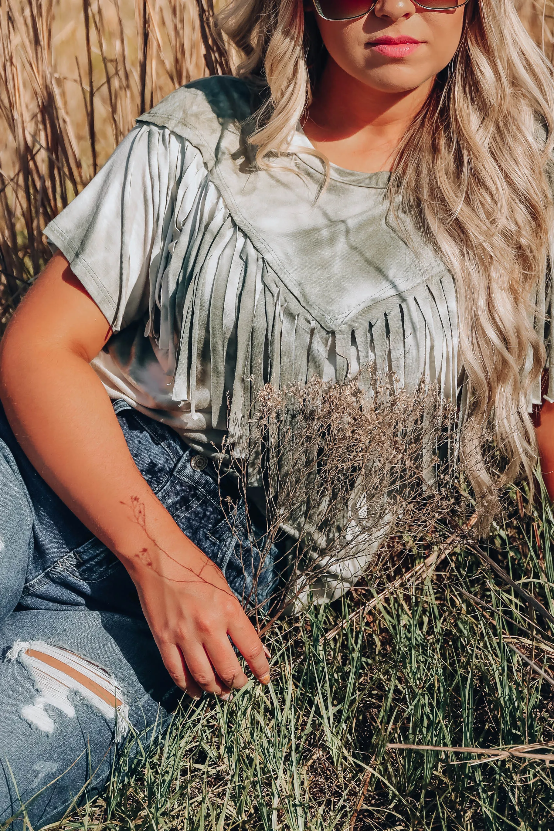 Trent Fringe Bleach Wash T-Shirt - Olive