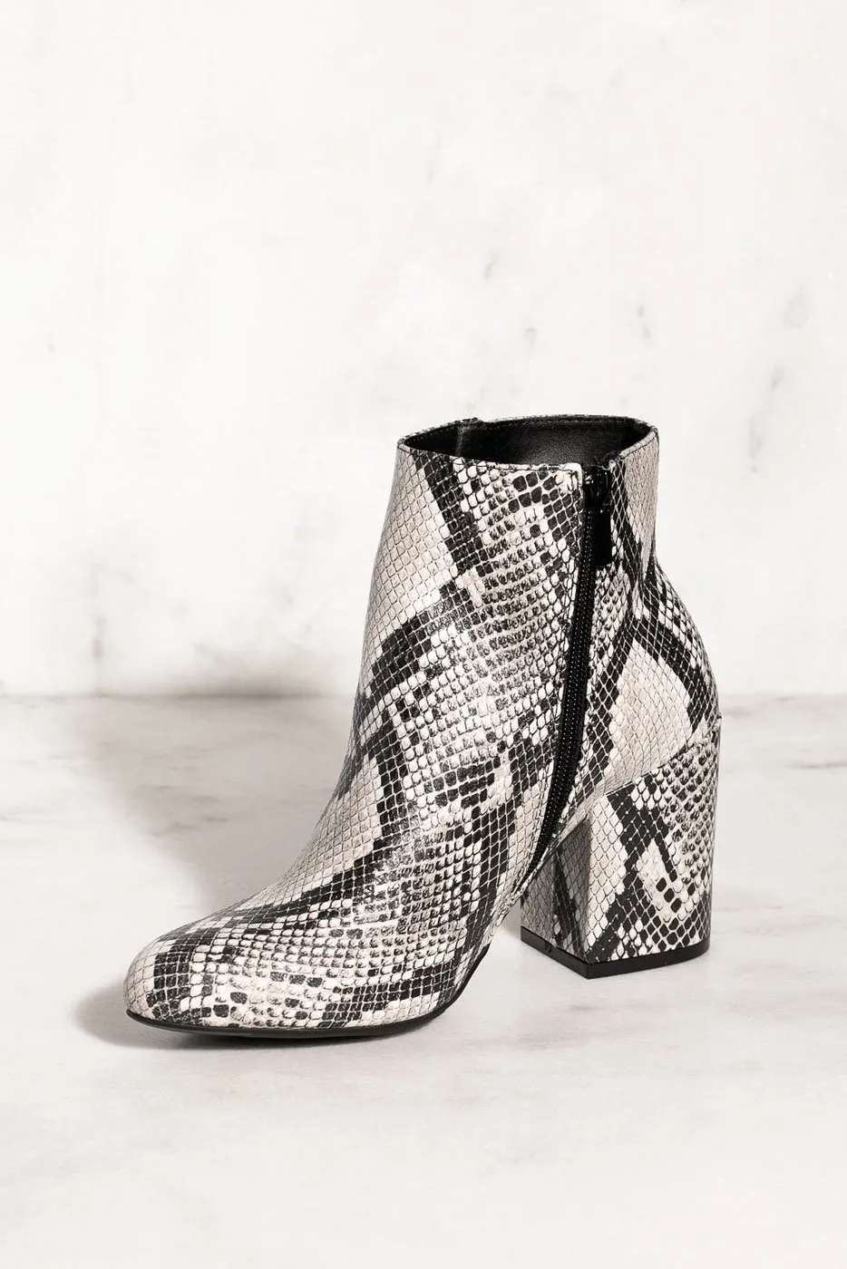 Trick Shot White Vegan Snakeskin Booties