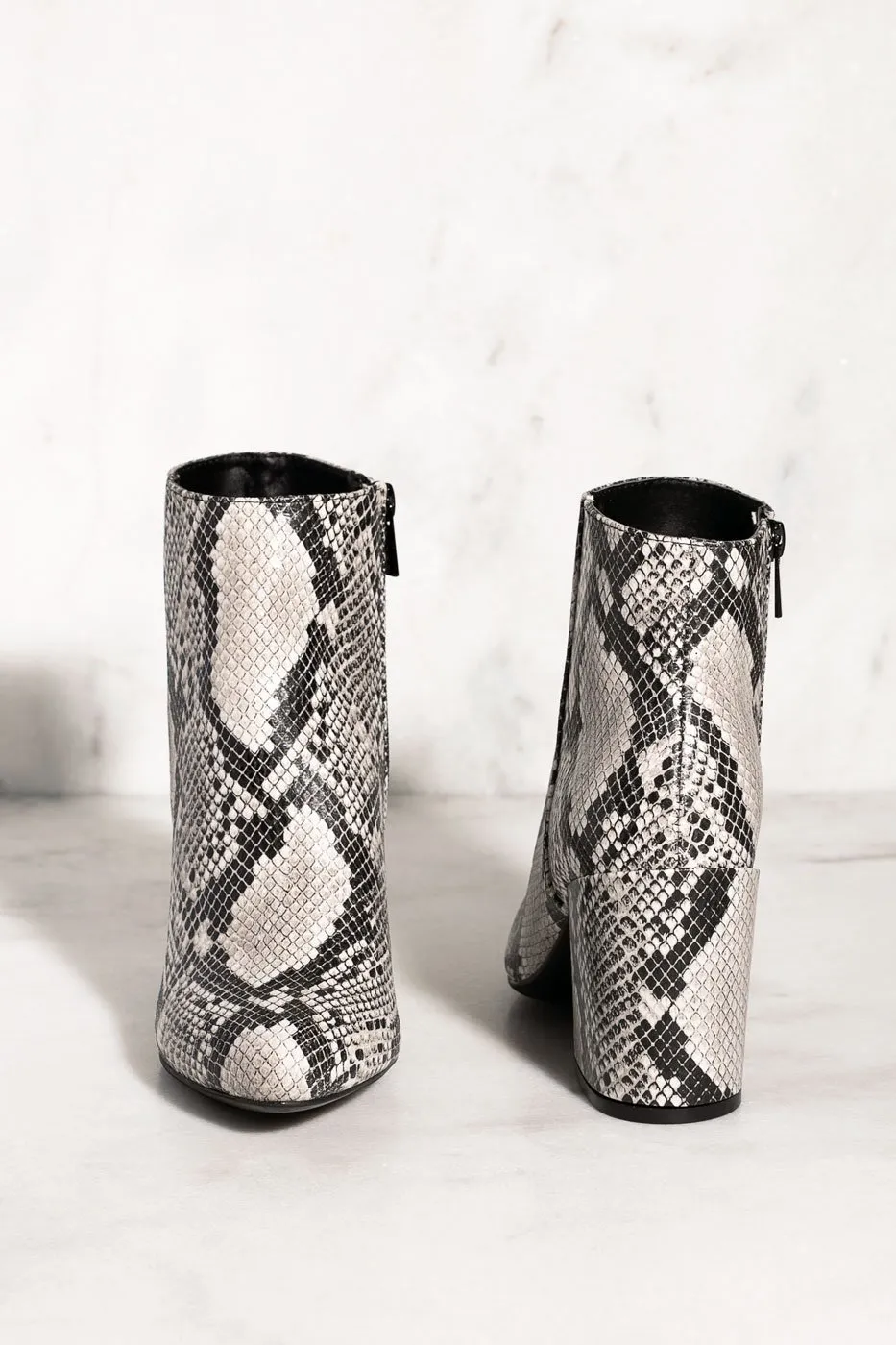 Trick Shot White Vegan Snakeskin Booties