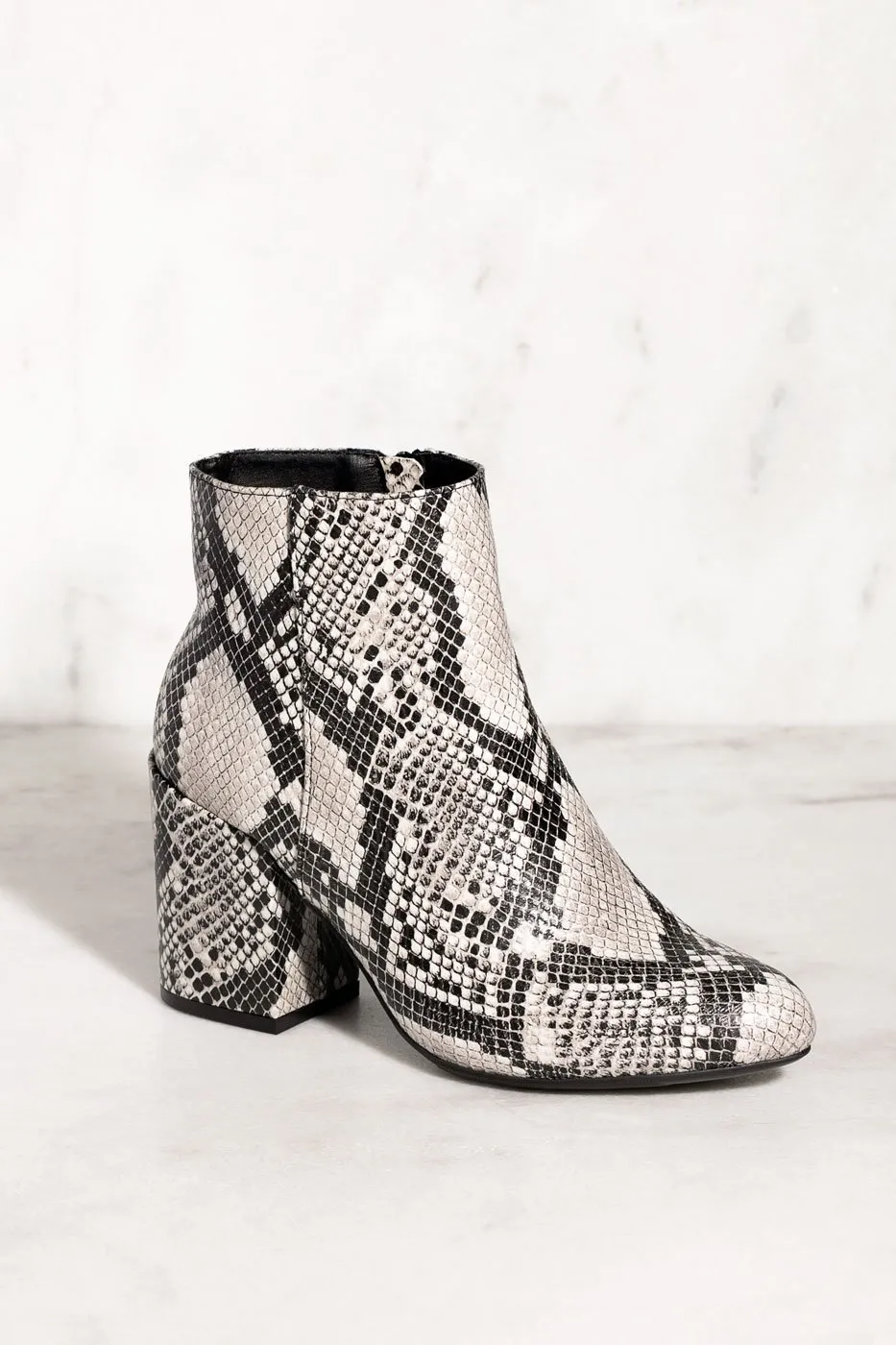 Trick Shot White Vegan Snakeskin Booties