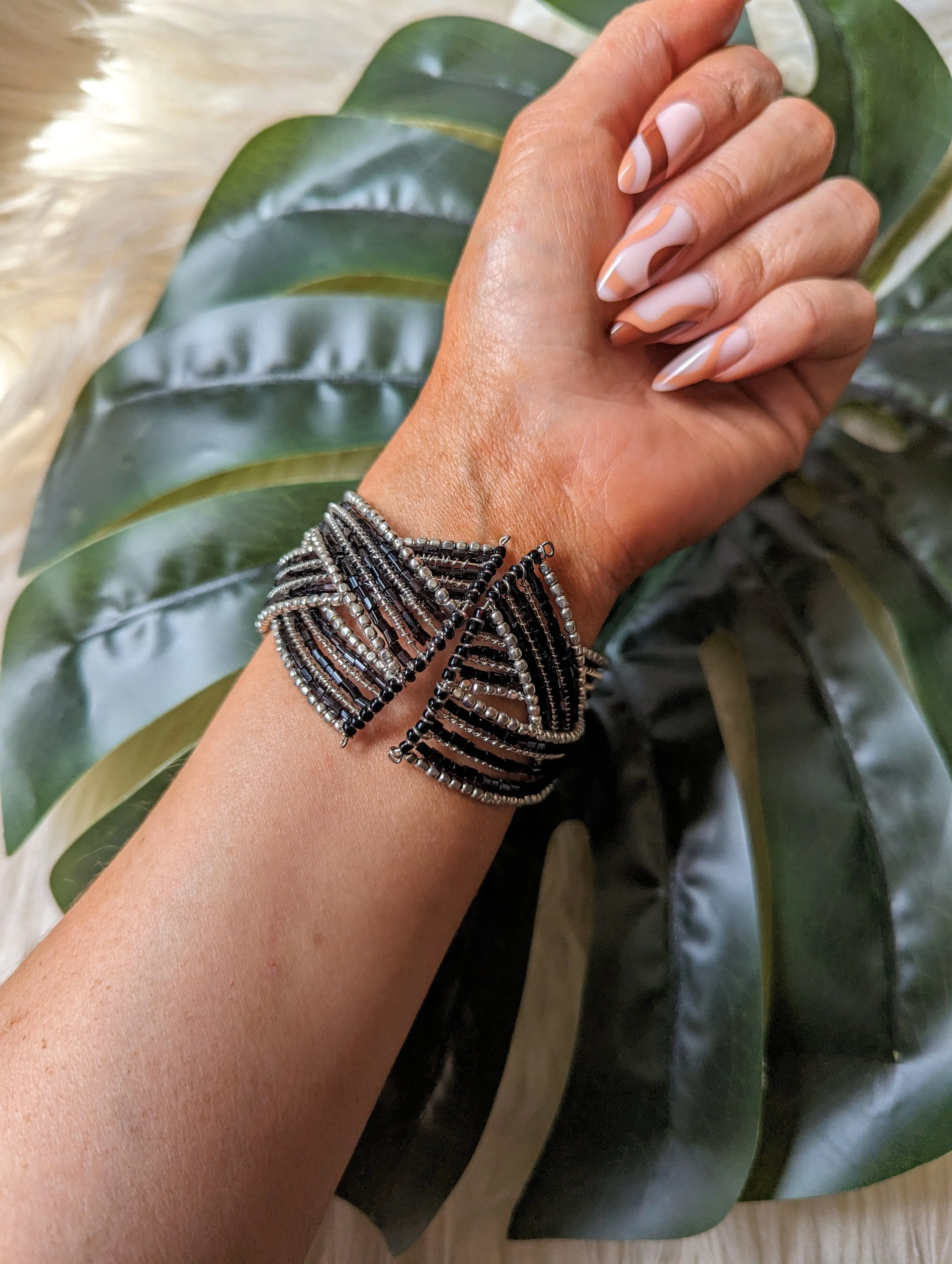 Vintage - Black Silver Tone Beaded Flexible Cuff