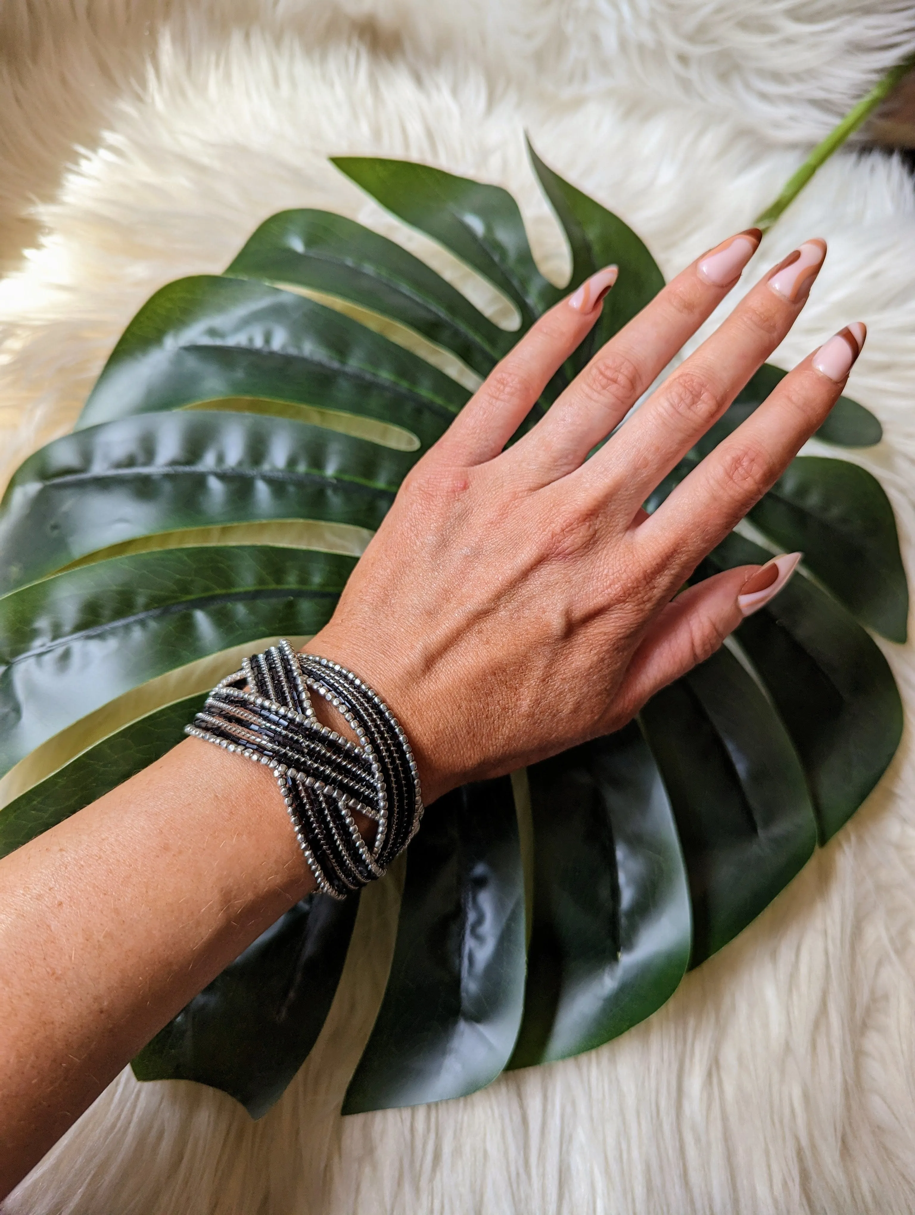 Vintage - Black Silver Tone Beaded Flexible Cuff