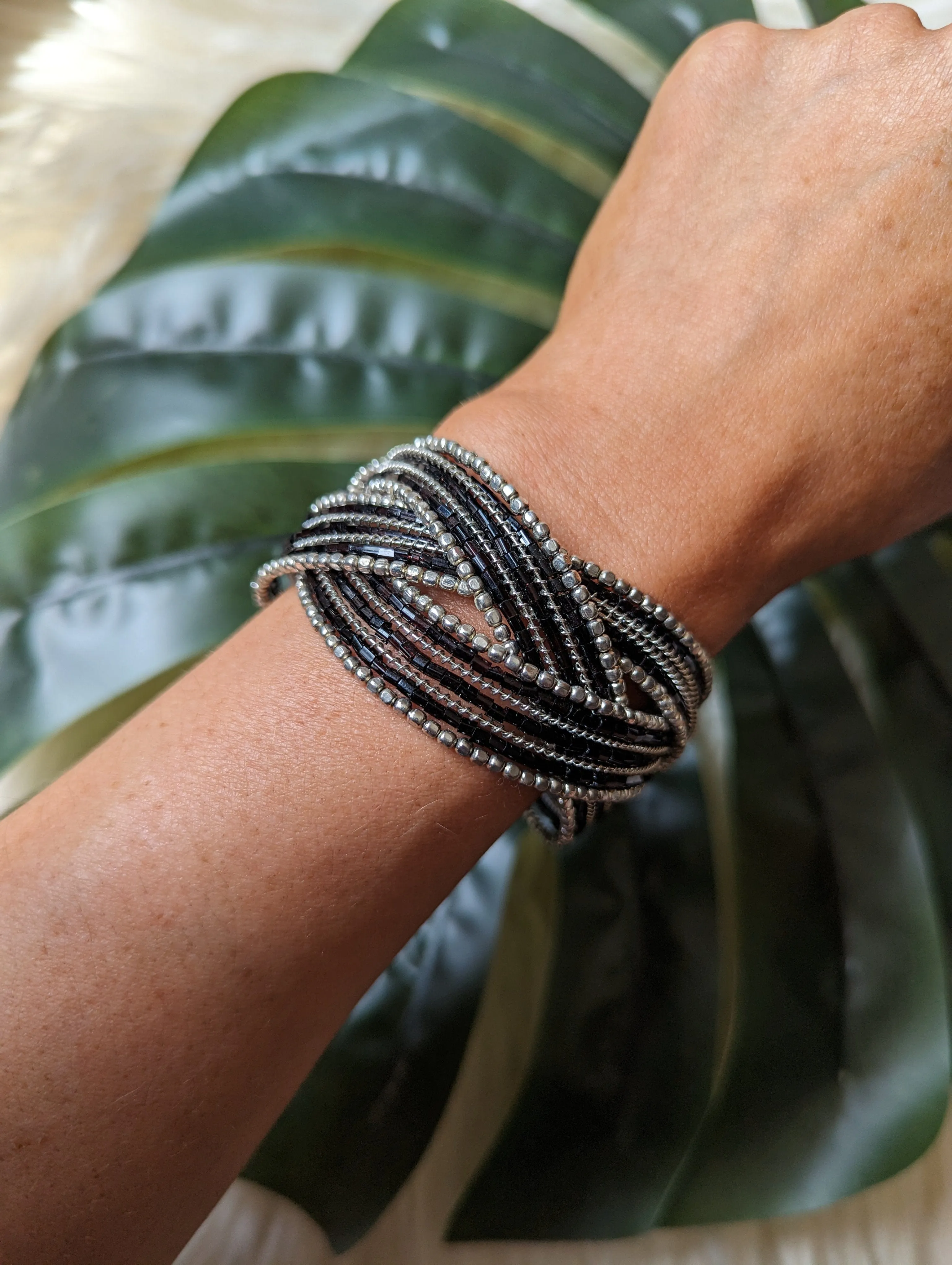 Vintage - Black Silver Tone Beaded Flexible Cuff