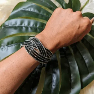 Vintage - Black Silver Tone Beaded Flexible Cuff