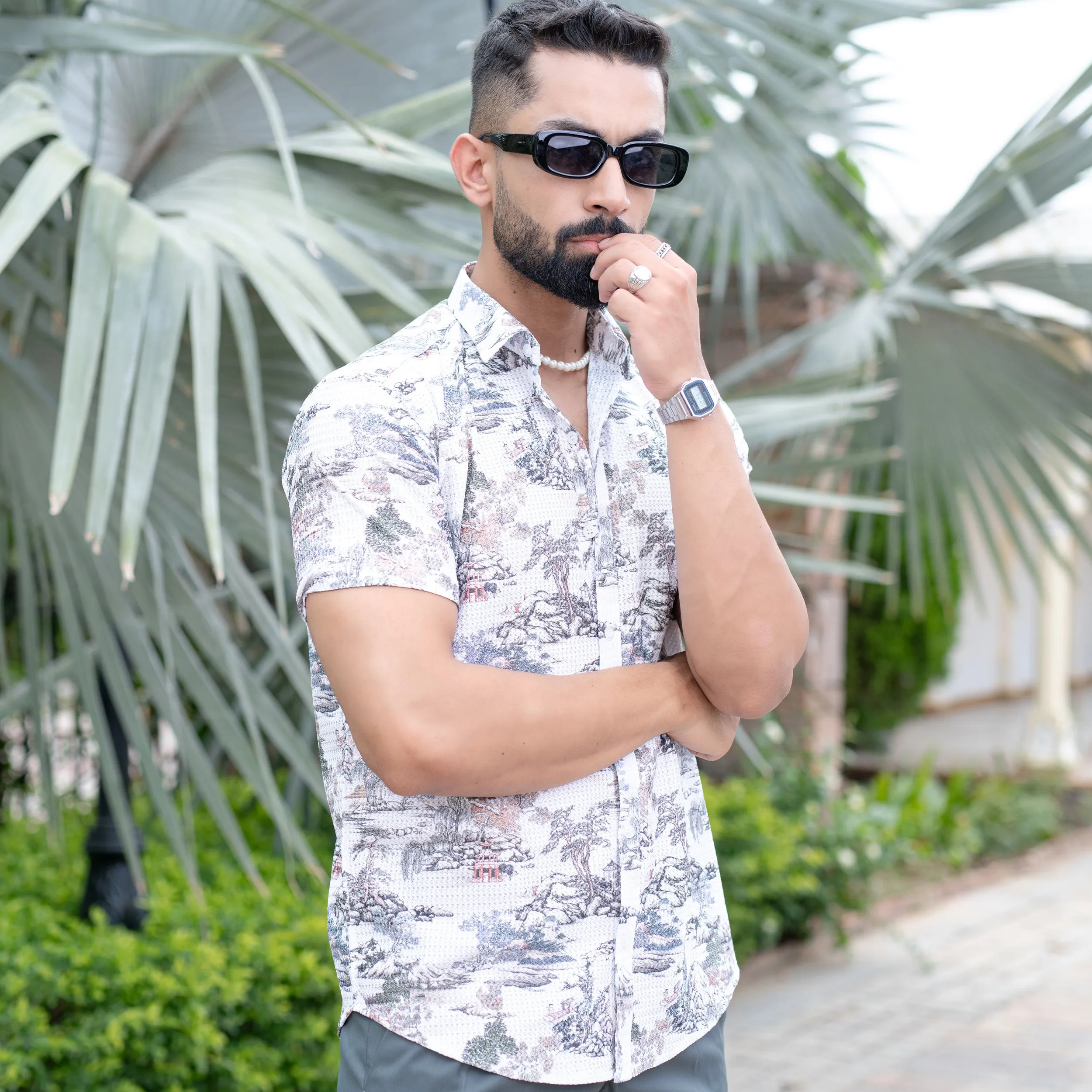 White Printed Turkish Weave Half Sleeve Shirt