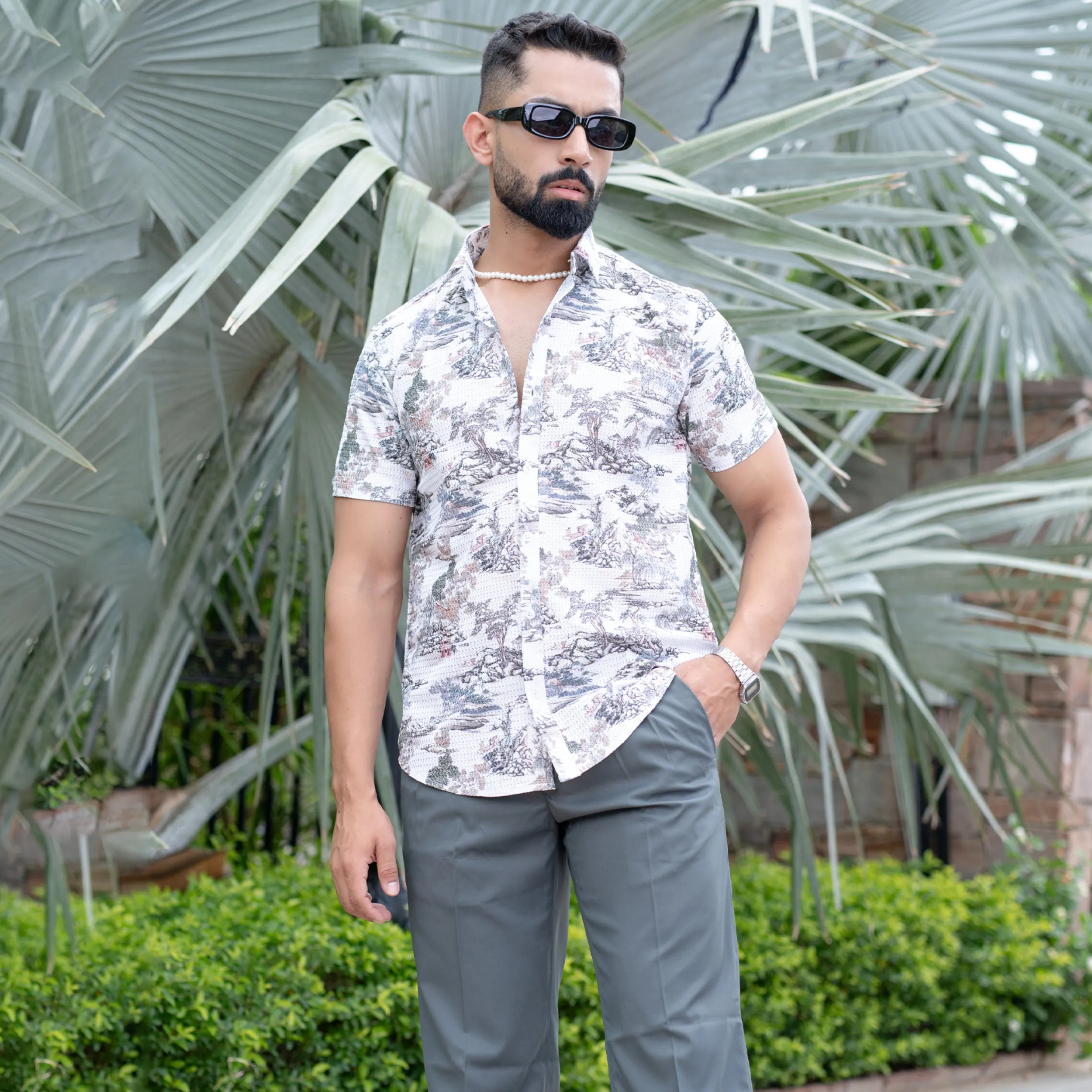 White Printed Turkish Weave Half Sleeve Shirt