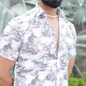 White Printed Turkish Weave Half Sleeve Shirt