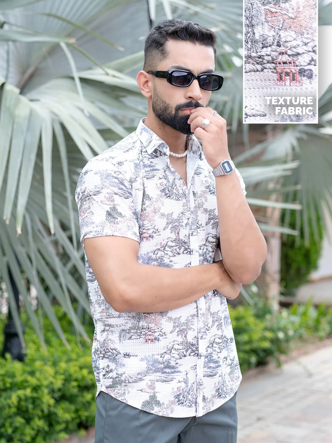 White Printed Turkish Weave Half Sleeve Shirt