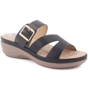 Women "BRIELLE" Perforated Strap Open Toe Buckled Wedge Comfort Slippers