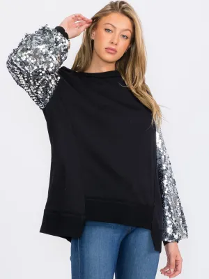 WOMEN'S LONG SEQUINS SLEEVES PULLOVER HIGH-LOW SWEATER