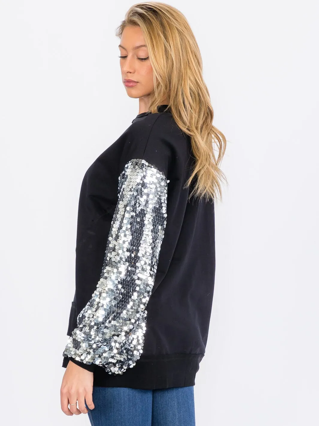 WOMEN'S LONG SEQUINS SLEEVES PULLOVER HIGH-LOW SWEATER